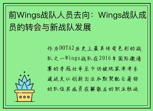 前Wings战队人员去向：Wings战队成员的转会与新战队发展