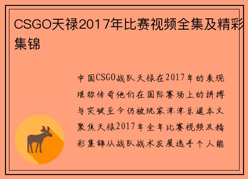 CSGO天禄2017年比赛视频全集及精彩集锦