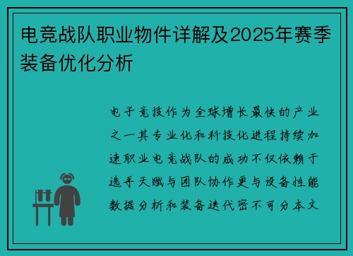 电竞战队职业物件详解及2025年赛季装备优化分析